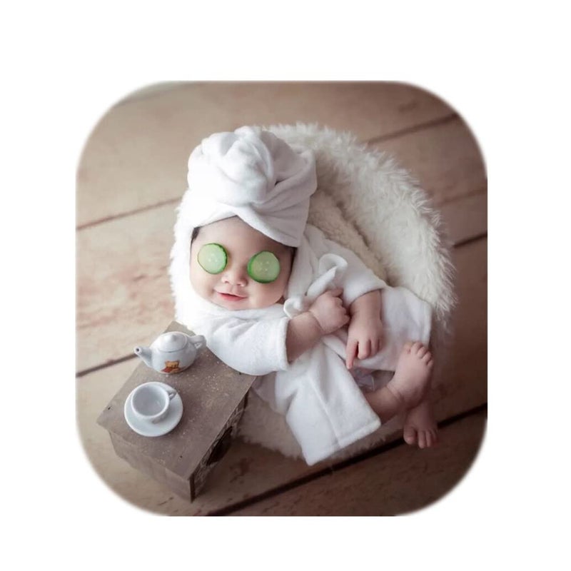 Vemonllas Fashion Cute Newborn Boy Girl Baby Costume Outfits Photography Props Bathrobe Belt Coat Sets (White) - Image 3